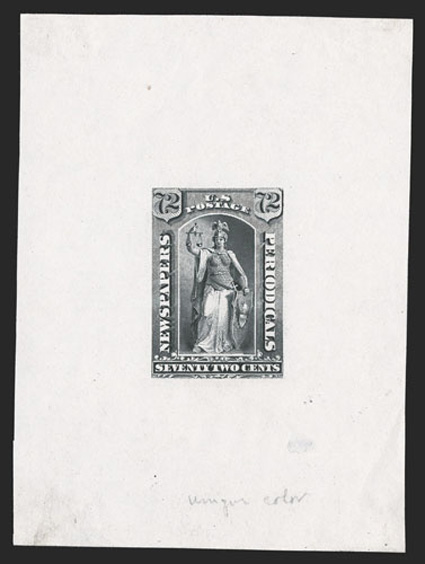 PR21TC1, 72c Black, large die trial color proof on India paper, 73x99mm, with pencil notation unique color in the bottom margin, small India paper thin well away from design,
still fresh and very fine a rare and undercataloged trial color pro
