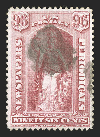 PR23, 96c Rose, select used single, outstanding centering within balanced margins, bright and fresh, cork cancel, extremely fine.