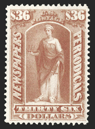 PR30, $36.00 Brown rose, uncommonly well centered and margined, warm color, full o.g., tiny filled thin, otherwise an extremely fine example of this rare newspaper stamp clear
1990 PF certificate.