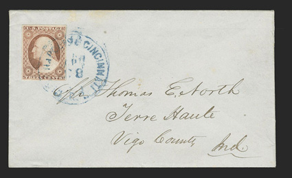 11, 3c Dull red, ample to large margins all around, tied by blue Indianapolis & Cincinnati R.R.Apr 28 route agents postmark to cover to Terre Haute, Indiana, with enclosure
datelined Lawrenceburg Apr. 21st, 1855, very fine 2010 PF certifi