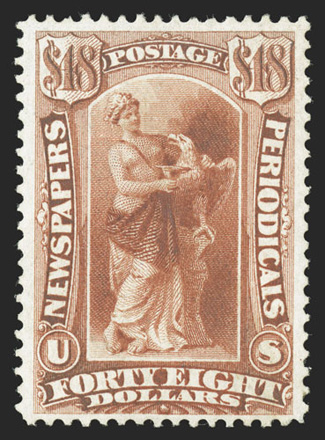 PR31, $48.00 Red, an especially choice mint example of this rare high value Newspaper stamp, being in a quality enjoyed by few others, as this stamp possesses a marvelous
overall freshness, with sumptuously rich color on crisp clean paper, uncom