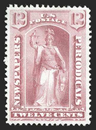 PR40, 12c Pale rose special printing, a stunning quality example of this scarce value, being incredibly well centered amid uncharacteristically wide margins, wonderfully bright
and fresh, with strong color and a razor-sharp impression on crisp w