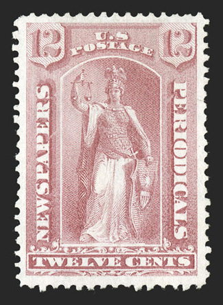 PR40, 12c Pale rose special printing, without gum as issued, an extraordinarily choice example in a quality almost never found on the Special Printings, being precisely
centered within uncharacteristically wide margins, bright distinctive color