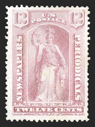PR40, 12c Pale rose special printing, without gum as issued, well centered amid larger margins than most, some faint staining (certificates states only a stained perforation at
top), otherwise very fine 1999 PF certificate.