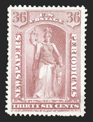 PR42, 36c Pale rose special printing, without gum as issued, an incomparable example of this rare Special Printing, being one of the finest of the only 330 stamps issued, as
this gem is marvelously well centered within incredibly large margi