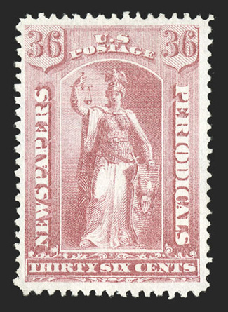 PR42, 36c Pale rose special printing, a highly select example of this rare stamp, incredibly bright and fresh, with a strong impression on crisp white paper, attractively
centered within uncommonly large margins, full and even perforations all a
