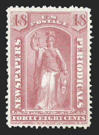 PR43, 48c Pale rose special printing, without gum as issued, incredibly well centered within large margins, strong characteristic color on crisp white paper, pulled perforation
at left which is not even noted on the certificate, otherwise extrem