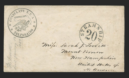 Consulate U.S.A., Valparaiso, perfectly struck handstamp on cover to Mount Vernon, N.H., arrived in New York with Steamship20 due postmark, 1859 docket at left, cover with
trivial toned spot at center, very fine 2009 PF certificate.