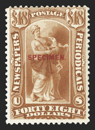 PR58S-78S, 3c-$48.00 Newspapers overprinted Specimen Type E, complete but for the 2c and $60.00 values, all exceptionally fresh and clean, which is quite remarkable when one
considers in what poor condition these are usually found, generally w