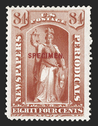 PR63S-70S, 12c-96c Red overprinted Specimen Type E, wonderfully fresh run of these eight values, well centered, except perfs. just touch 48c, the 84c a jumbo, o.g., very
lightly hinged, generally fine-very fine.