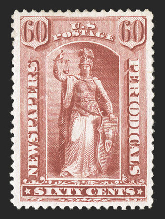 PR67, 60c Red, an extraordinary mint example of this difficult stamp, being incredibly well centered within lavishly large and well balanced margins which are quite
uncharacteristic of this, plus its color is luxuriant and the impression highly