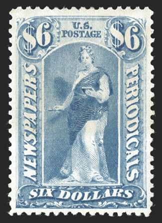 PR73, $6.00 Blue, handsome mint example of this scarce value, remarkably well centered within large margins, bright and fresh, o.g., extremely fine and choice 2003 PF
certificate and 2007 PF certificate (XF 90).