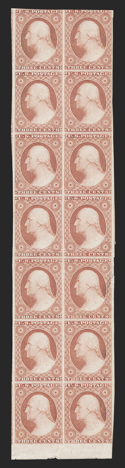 11A, 3c Dull red, Ty. II unused bottom sheet-margin block of fourteen (2x7), huge margins to touching at top, fresh color, five stamps creased, pos. 10 torn and tear in
sheet-margins barely touching one stamp, fine-very fine appearance.