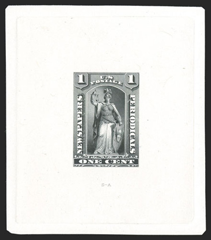 PR81-E1a, 1c Black, large die essay on India sunk on 74x85mm card with full die sinkage area, this being the complete engraving of the entire design as adopted for the 12c-96c
values, fresh and clean very fine and rare.