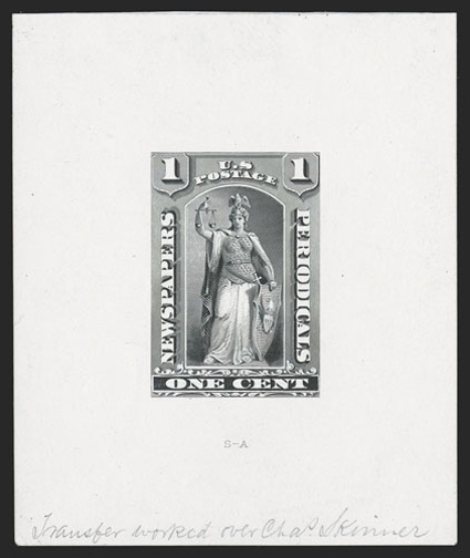 PR81-E1b, 1c Black, Black brown, Scarlet and Blue, large die essays on white ivory paper, the complete set of all four colors of the complete engraving of the entire design as
adopted for the 12c-96c values, 65x76mm, the 1c Black signed in penci