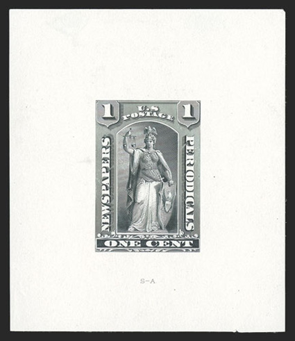 PR81-E1b, 1c Black, large die essay on white ivory paper of the complete design as adopted for the 12c-96c values, 65x75mm, fresh and extremely fine.
