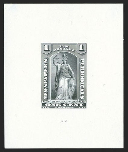 PR81-E1b, 1c Black, large die essay on white ivory paper of the complete design as adopted for the 12c-96c values, 65x78mm, thins in the top corners well away from design,
otherwise fresh and very fine.
