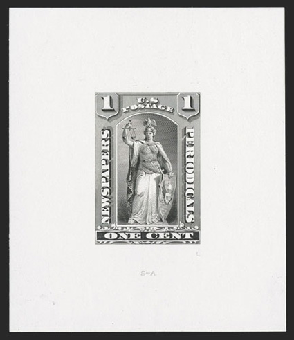 PR81-E1b, 1c Black brown, large die essay on white ivory paper of the complete design as adopted for the 12c-96c values, 65x75mm, fresh and extremely
fine.
