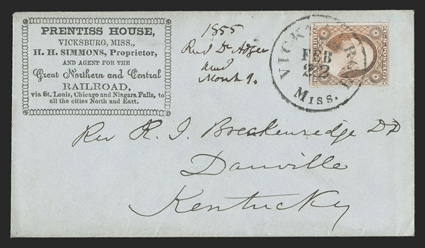 11A, 3c Dull red, Ty. II, choice four-margin single, with wide margins all around and deep color, tied to a most attractive blue colored cover with printed corner card of
Prentiss HouseVicksburg, Miss.H.H. SimmonsAgent for the Great Northern