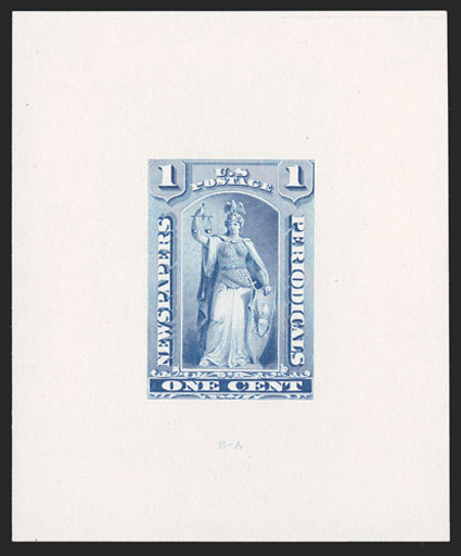 PR81-E1b, 1c Blue, large die essay on white ivory paper of the complete design as adopted for the 12c-96c values, 65x78mm, fresh and extremely fine.