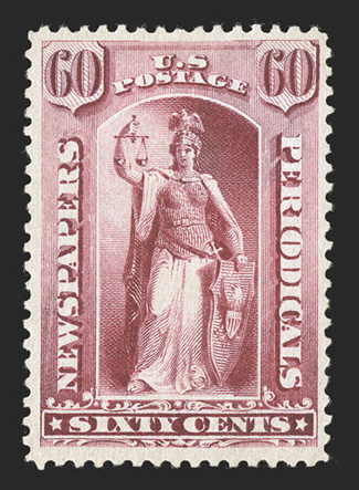 PR86, 60c Carmine, a premium quality mint example of this scarce stamp, marvelously well centered within much larger margins than usual, especially deep and luxuriant color,
full o.g., relatively lightly hinged, extremely fine ex-Lessin.