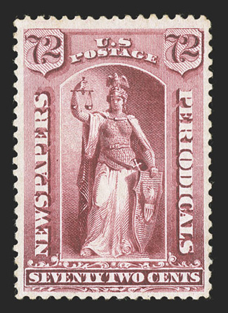 PR87, 72c Carmine, select mint example, excellent centering amid generous margins, strong color and sharp impression, o.g., l.h., choice very fine.