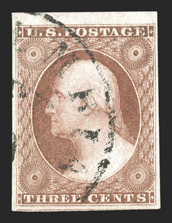 11A var., 3c Claret, Ty. II, double transfer in Three Cents at bottom,  position 4R5L, a gem used example of this variety, being a top sheet-margin example, with all four
margins quite lavish, lovely rich color and an outstanding detailed impr