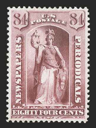 PR88, 84c Carmine, a most remarkable quality mint example, possessing virtually perfect centering amid uncharacteristically large margins, deep luxuriant color and sharp
impression on bright paper, full and even perforations all around contribut