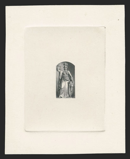 PR106-E1, (25c) Black, vignette die essay on India paper, sunk on 84x103mm card showing the full die sinkage area, fresh and extremely fine.