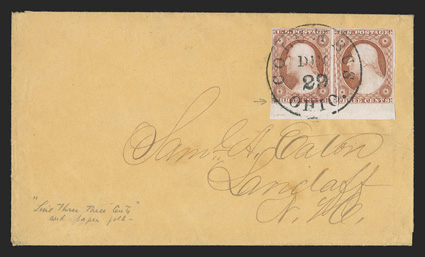 11A, 3c Dull red, Ty. II, double transfer line through Three Cents and rosettes double, a stunning bottom sheet-margin pair of this distinctive and important variety, positions
92-93L1L, with huge sheet margin at bottom, large margins nearly a