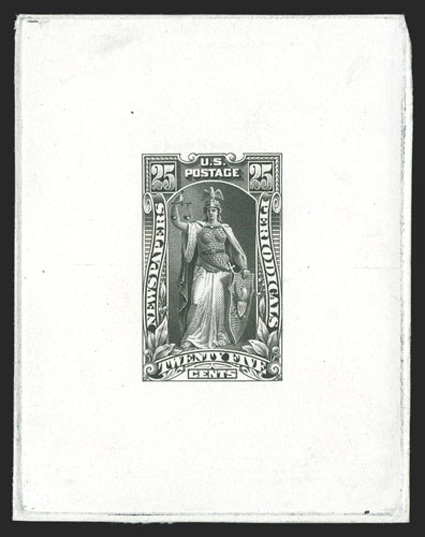 PR106-E2, 25c Black incomplete design essay, large die proof on India paper sunk on 61x78mm card including the full die sinkage area, showing entire design with frame
incompletely engraved, vertical lines around Cents label missing and no shad