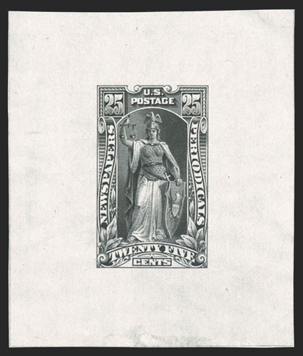 PR106-E2, 25c Black incomplete design essay, large die proof on India paper off card, 54x64mm, showing entire design with frame incompletely engraved, vertical lines around
Cents label missing and no shading on Twenty Five, trivial thin at b