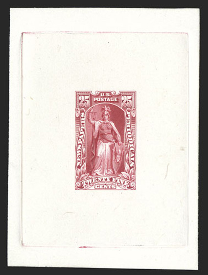PR106-E2, 25c Deep red incomplete design essay, large die proof on India paper sunk on 62x91mm card including the full die sinkage area, showing entire design with frame
incompletely engraved, vertical lines around Cents label missing and no s
