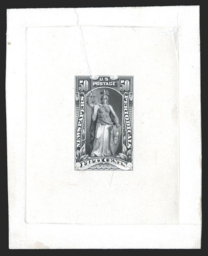 PR107-E3, 50c Black incomplete design essay, large die proof on India Paper sunk on 71x88mm card including the full die sinkage area, showing incomplete engraving of entire
design, with top of frame and scrolls below Fifty Cents unfinished, na