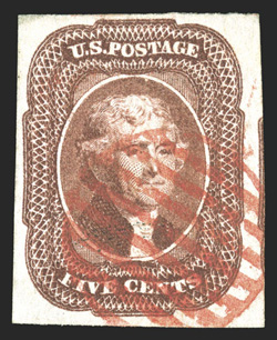 12, 5c Red brown, a most attractive used single, with large to huge margins all around including a portion of the adjoining stamp at right, brilliantly rich color and a crisp
detailed impression on especially fresh paper, lovely red grid can