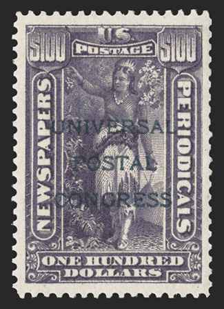 PR114S-125S, 1c-$100.00 Newspapers overprinted Universal Postal Congress in blue cplt., o.g., h.r., several with natural s.e., $2.00 nibbed perfs at left and $50.00 thinned
spot, otherwise fine-extremely fine only 125 sets were distributed to
