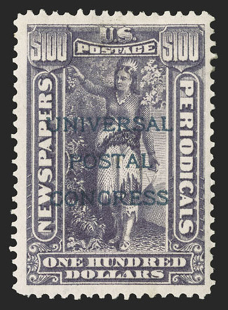 PR114S-125S, 1c-$100.00 Newspapers overprinted Universal Postal Congress in blue cplt., several natural s.e., most without gum, however four dollar values are o.g., h.r.,
$10.00 stained spot, otherwise fine-very fine only 125 sets were produc
