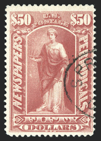 PR112, $50.00 Dull rose, used, rich bright color, light and unobtrusive cancel, trivial natural paper wrinkle, fine 2000 PSE certificate.
