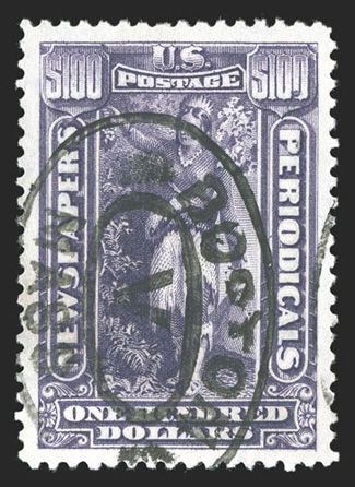 PR125, $100.00 Purple, marvelously well centered within lavishly large margins all around, intensely rich color and a prooflike impression on fresh paper, Boston double oval
cancel, extremely fine actually a very difficult and scarce stamp in t