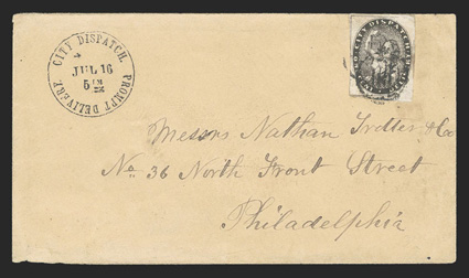 41L1, City Dispatch, Philadelphia, Pa., 1c Black, large to very large margins all around showing nearly complete outer frame lines, trivial corner crease at top right, tied by
circle cancel to buff cover to a local street address, beautifully st