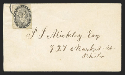 41L1, City Dispatch, Philadelphia, Pa., 1c Black, huge margins to just touching at right, tied by circle cancel to small cover to a local street address, fresh and extremely
fine ex-Emerson.