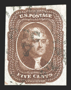 12, 5c Red brown, a highly select used example, featuring four large and beautifully balanced margins, but its color is incredibly intense and its impression deeply etched on
bright fresh paper, very light black town c.d.s. in addition to just a