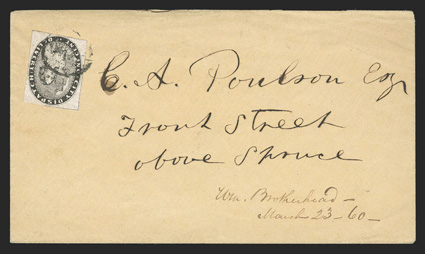 41L1, City Dispatch, Philadelphia, Pa., 1c Black, clear to large margins all around, tied by circle cancel to buff cover to local street address, March 23 - 60 docket at
bottom, fresh and extremely fine ex-Golden.