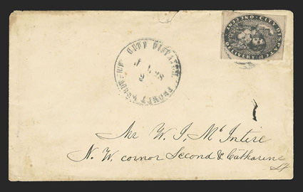 41L1, City Dispatch, Philadelphia, Pa., 1c Black, huge margins to just touching at right, tied by circle cancel to ladys cover to a local street address, matching mostly clear
City Dispatch.Prompt DeliveryJul 282pm circular date stamp, ver