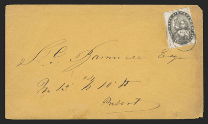 41L1, City Dispatch, Philadelphia, Pa., 1c Black, huge margins to just touching at right, vertical scissor cut at top right into the design, tied by circle cancel to buff cover
to local street address, very fine 1998 PF certificate ex-Morris