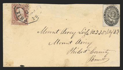 41L1, City Dispatch, Philadelphia, Pa., 1c Black, large margins all around, tied by circle cancel to buff cover to Mount Airey, Pa., entered the mails with 3c Dull red (26)
tied by partial Philadelphia, Pa.Mar 26, 1860 datestamp, slightly re