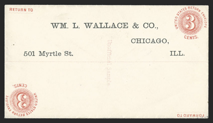 Undersander E801, 3c Red on white Marshall patented return stamped envelope essay, with preprinted return address, showing inverted second reply impression of the indicia, most
unusual, very fine also accompanied by the paid reply postal ca