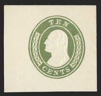 U17, 10c Green on white, full corner measuring 42x39mm, exceptionally fresh, tiny thin on the backflap only, very fine.