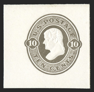 U89, 10c Olive black on white, full corner 40x40mm mint cut square, clean and fresh with strong embossing, extremely fine and scarce.