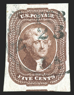 12, 5c Red brown, striking used single, boast large to enormous margins all around, including portions of the adjoining stamps at top and bottom, rich luxuriant color and a well
incised impression, light c.d.s. town cancel, extremely fine 1987